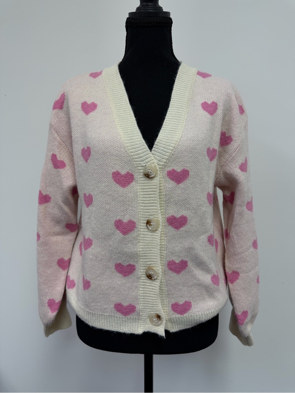 Amazon Cream Cardigan with Pink Heart Pattern